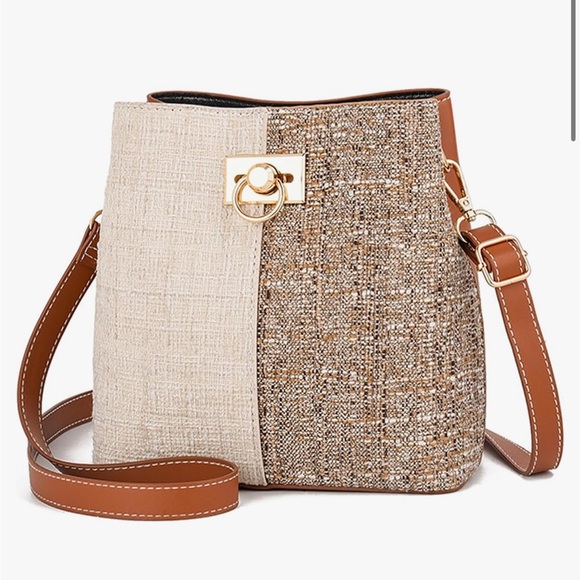 Handbags - Pincel Tweed Faux Leather Crossbody Shoulder Bucket Bag Brown Cream Tan
